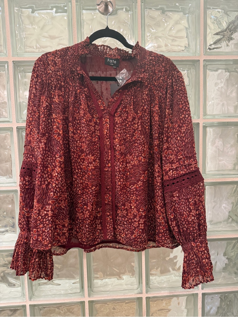 Fate Burgundy and Rust Printed Peasant Blouse
